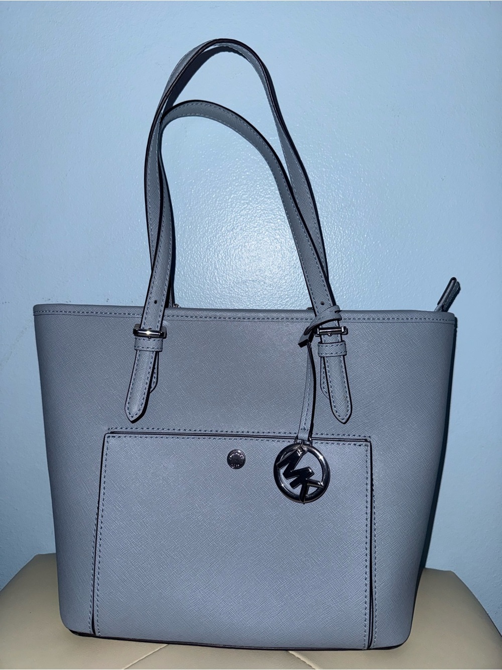 Michael Kors Light Gray Saffiano Tote with MK Charm